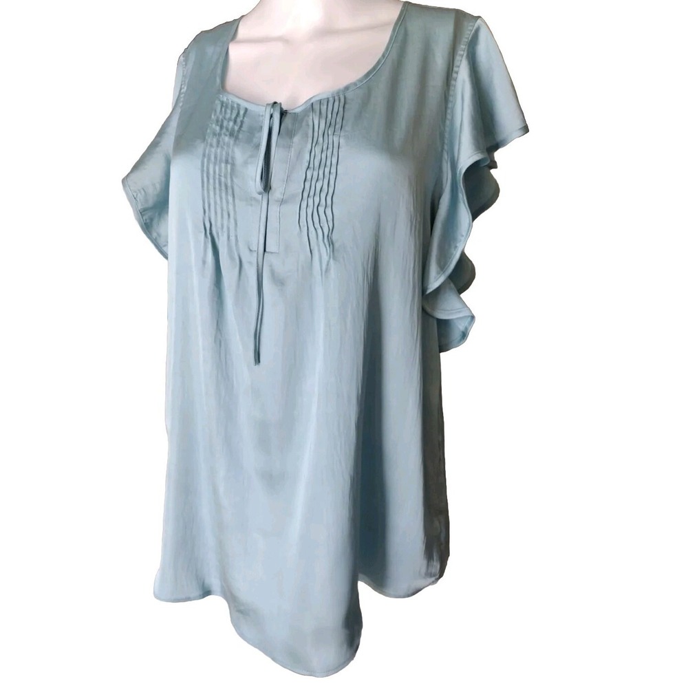 Willi Smith Blouse Woman's L Blue Short Ruffle Sleeve Scoop Neck Relaxed Fit